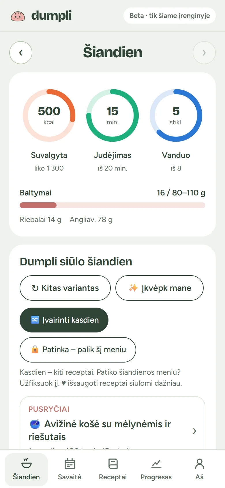Dumpli „Šiandien“ ekranas: kalorijų, judėjimo ir vandens žiedai, baltymai ir dienos meniu